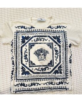 Versace Kids Cream T-Shirt with Navy Baroque Medusa Print